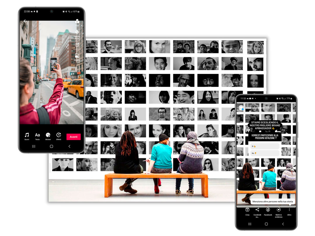 persone dialogano tra di loro di fronte ad uno schermo con altre persone